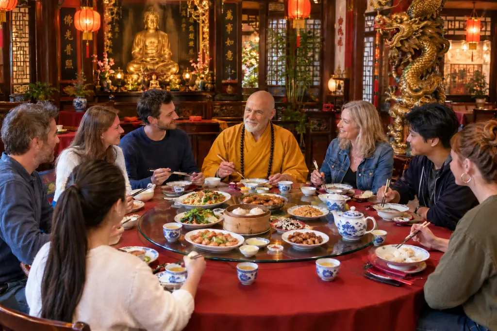 Gruppe von Schülern mit Ihrem Shifu beim Essen im asiatischen Rastaurant